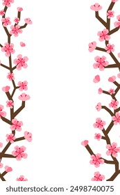 Vertical de fondo blanco con arte de papel estilizado floreciendo ramas de sakura, flores y espacio vacío. Telón de fondo japonés estacional.