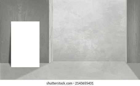 Modelo vertical blanco blanco de carteles en blanco parado sobre suelo de hormigón gris en habitación Studio con iluminación y Sombra sobre pared de cemento gris vacío,Plantilla de fondo de diseño de ilustración vectorial 3D
