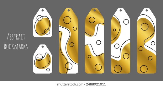 Vertical white bookmarks set with abstract gold gradients spots and lines. Vector bookmarks prints templates for reading. Minimalistic and modern original golden design. Isolated on gray background.