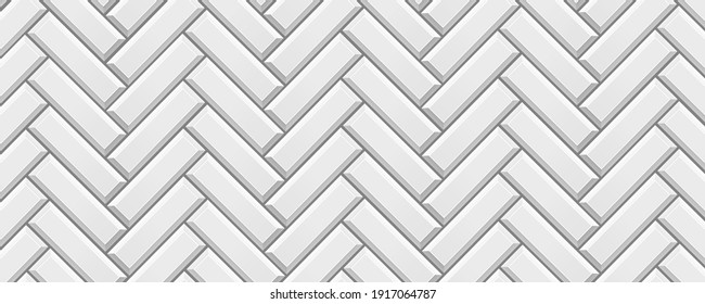Vertical White colored brick ceramic tiles. Modern seamless pattern, herringbone brick effect metro ceramic tiles.