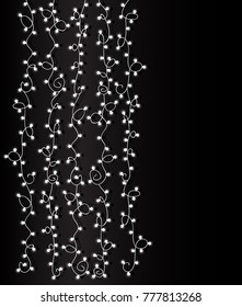 Vertical white garlands on dark background. Set of christmas lights. Glowing light effects burst with sparkles. Magic vector. Stylish glowing illustration. Free space for your text.