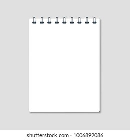 Vertical white notebook - clean notepad mockup isolated on gray background. Note page and notebook, notepad realistic illustration