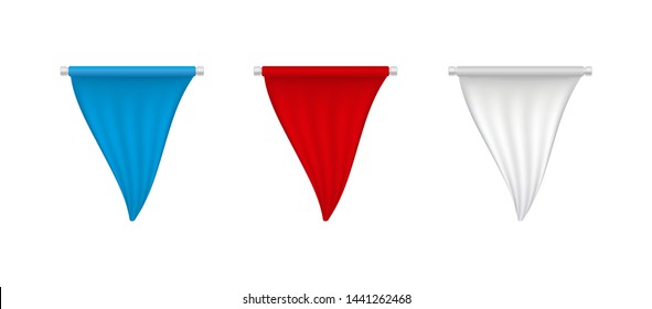 Vertical white, red, blue blank pennant set. Realistic 3D flags isolated on a white background