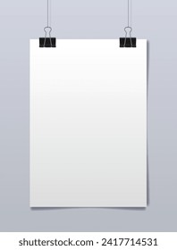 Vertical white sheet of paper hanging on binder clips over gray wall. Realistic vector illustration