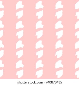 Vertical white stripes on pink background. Painted with strokes of rough brush. Seamless pattern. Grunge, sketch, watercolor. Vector illustration.