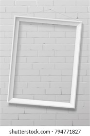 Vertical white thin photo frame from wood on a brick wall. Frame picture or certificate. Vector Blanket for interior prints