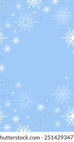 Fondo de invierno de Vertical con copos de nieve en azul, con lugar para texto. Ilustración vectorial para la celebración, invitación, saludo, Navidades, año nuevo, días festivos.