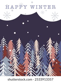 Vertical winter background. Snowy forest in flat style