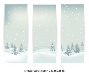 Vertical winter banners with falling snow, fir trees and snowdrifts, vector illustration. Wintertime landscape.