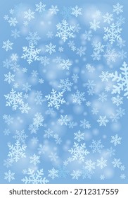 Vertical Navidades de invierno fondo azul con copos de nieve en diferentes Formas y formas, nevadas. Ilustración vectorial