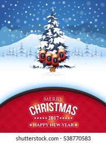 Vertical Winter and Christmas Landscape, Background. Snowflakes, Pine Trees, Snow, Hills Illustration, Elegant Greeting Card Design. Presentation Section Template