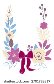 Marco floral de invierno de Vertical con cinta roja, detalles de piña, hojas azules y flores pastel. Ideal para tarjetas de felicitación, marcadores, estampados decorativos y diseños de temporada