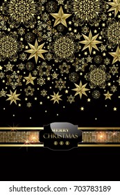 Vertical winter greeting card with golden snowflakes and stars on black background