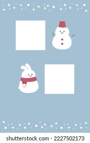 Vertical winter greeting postcard with a cute photo frame of a snowman and a rabbit
