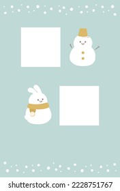 Vertikale Wintergrußkarte mit süßem Foto-Rahmen für Schneemann und Kaninchen