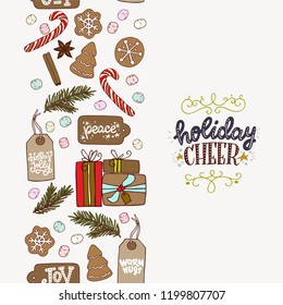 Vertical winter holiday seamless pattern with hand drawn cartoon sweets - gingerbread cookies, candy cane, marshmallow, presents and gift tags with christmasy words. Xmas tiling background.