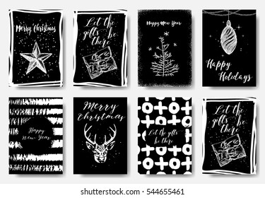Vertical winter holidays greeting cards with New Year tree, gift box, Christmas lettering and typographic design. Vector.