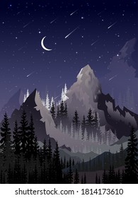 Vertical winter landscape of starry night with forest pine tree,crescent moon,shining star and comet falling over behind mountain,Vector Winter night forest,Background for Merry Christmas and New Year