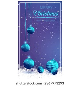 Vertical winter night blue flyer with snow and glass balls. New Year greeting card design, holiday invitation. Decorations, shiny glass balls on blue background. Realistic vector