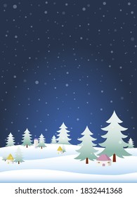 Vertical winter night scene background with falling snow, snowy field, pine trees, and little houses. Vector illustration.