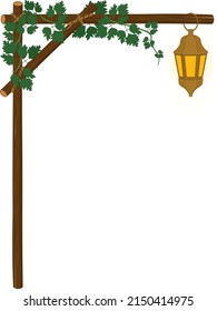 Vertical wood branch arch frame with grape ivy vines and lantern vector illustration