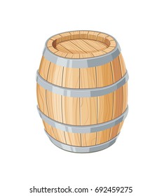 Vertical Wooden barrel for wine or beer. Container beverage. Vintage oak Cask. Isolated white background. Vector illustration.