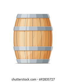 Vertical Wooden barrel for wine or beer. Container beverage. Vintage oak Cask. Isolated white background. Vector illustration.