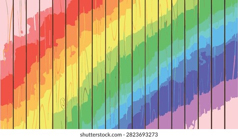 Vertical wooden plank texture with vibrant rainbow watercolor paint overlay. Colorful spectrum of red, orange, yellow, green, blue, and purple on a white background backdrop.
