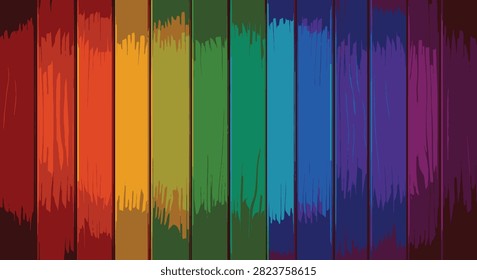 Vertical wooden planks arranged side by side featuring a vibrant rainbow color spectrum transition from red to purple with visible wood grain texture and dark seams between panels.