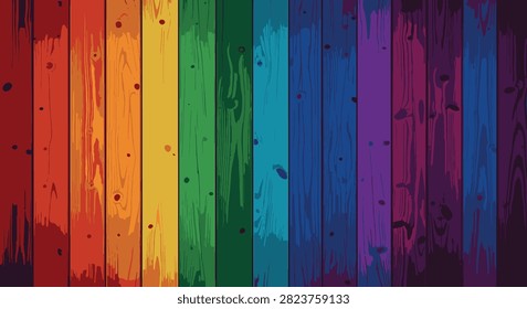 Vertical wooden planks arranged side by side and painted in a vibrant rainbow spectrum of red, orange, yellow, green, blue, and purple with visible natural wood grain and knots.