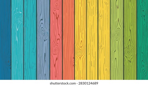 Vertical wooden planks background featuring a rainbow gradient of blue, purple, red, orange, yellow, and green. Decorative illustration showing stylized timber grain, knots, and textures.