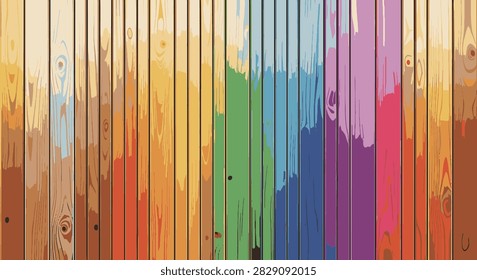 Vertical wooden planks in a spectrum of rainbow colors ranging from natural wood tones to yellow, green, blue, and purple with detailed grain patterns and knots throughout.