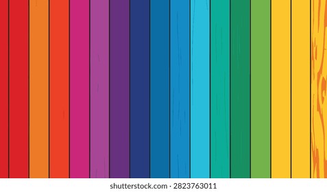 Vertical wooden planks in a vibrant rainbow spectrum including red, orange, yellow, green, blue, and purple hues with visible natural wood grain texture across the surface.