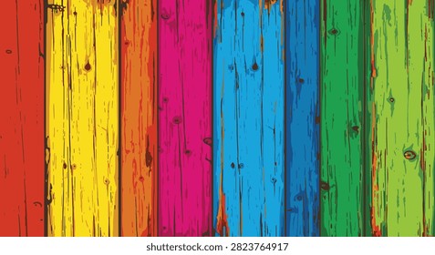 Vertical wooden planks in a vibrant rainbow color palette including red, yellow, orange, pink, blue, and green. Textured wood grain background with weathered rustic finish.
