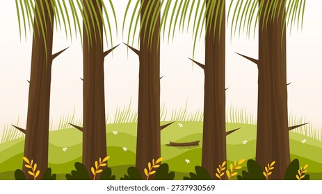 vertical woods landscape with sunlight effect on green meadow and wild plants