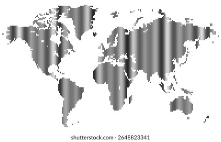 Mapa de mundo vertical com continentes em forma de pixel organizados em formato gráfico. O design apresenta territórios globais, incluindo África, Ásia e América com um padrão de grade futurista.