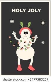 Vertical xmas banner with groovy character. Christmas groovy character with y2k elements poster or greeting card. Happy New Year and Christmas Template in retro style.