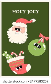 Vertical xmas banner with groovy character. Christmas groovy character with y2k elements poster or greeting card. Happy New Year and Christmas Template in retro style.