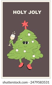 Vertical xmas banner with groovy character. Christmas groovy character with y2k elements poster or greeting card. Happy New Year and Christmas Template in retro style.