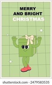 Vertical xmas banner with groovy character. Christmas groovy character with y2k elements poster or greeting card. Happy New Year and Christmas Template in retro style.