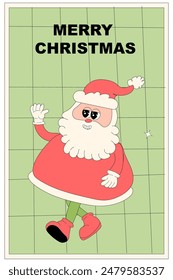 Vertical xmas banner with groovy character. Christmas groovy character with y2k elements poster or greeting card. Happy New Year and Christmas Template in retro style.