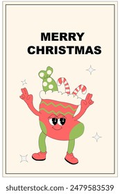 Vertical xmas banner with groovy character. Christmas groovy character with y2k elements poster or greeting card. Happy New Year and Christmas Template in retro style.
