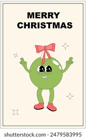 Vertical xmas banner with groovy character. Christmas groovy character with y2k elements poster or greeting card. Happy New Year and Christmas Template in retro style.