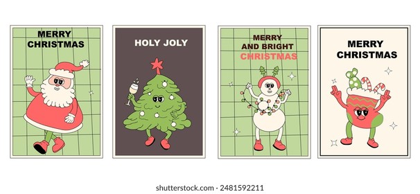 Vertical xmas banner with groovy character. Christmas groovy character with y2k elements poster or greeting card. Happy New Year and Christmas Template in retro style.