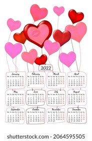 Vertical yearly calendar 2022 with heart shaped balloons romantic theme, week starts on Monday, on white. Annual big wall calendar colorful modern vector illustration. A4, A3 paper size.