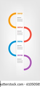 Vertical years steps timeline infographics - can illustrate a strategy, workflow or team work, vector flat color