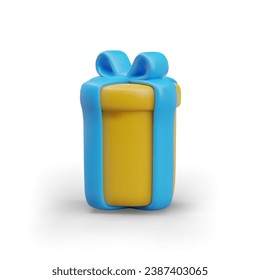 Vertical yellow box tied with blue ribbon. Concept of delicate gift. Illustration for holiday design. Color icon. Symbol of pleasant surprise. Advertising template, mockup