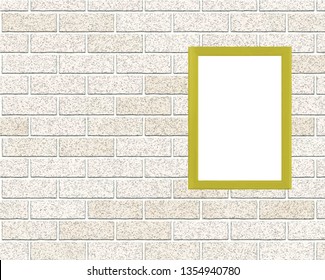 Vertical yellow wooden frame for picture hanging on light brick wall. Mock up design. Copy space. Realistic vector illustration