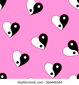 Vertical Yin Yang Hearts On Pink Background Seamless Pattern