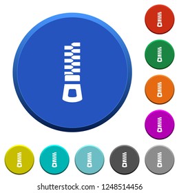 Vertical zipper round color beveled buttons with smooth surfaces and flat white icons